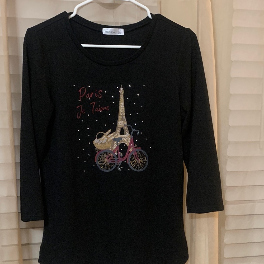 Madison Black Eiffel Tower & Bicycle Graphic Long Sleeve Top